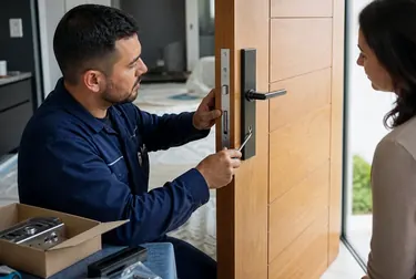 Chaveiro instalando uma fechadura em uma porta em Marília.