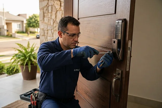 Uma fechadura moderna instalada em uma porta.